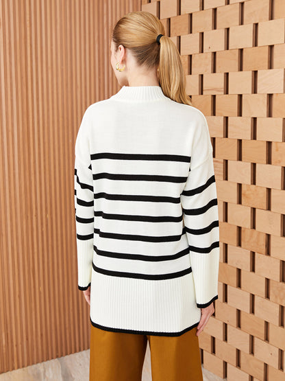 Half Turtleneck Striped Long Sleeve Women's Knitwear Tunic