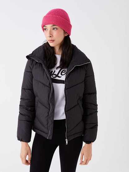 Stand-up Collar Plain Long Sleeve Women's Puffer Coat