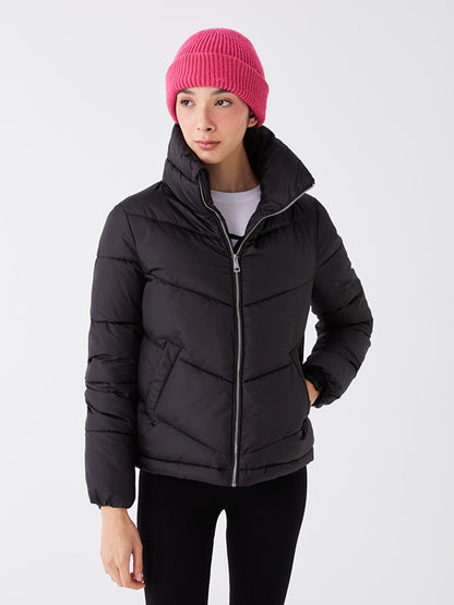 Stand-up Collar Plain Long Sleeve Women's Puffer Coat