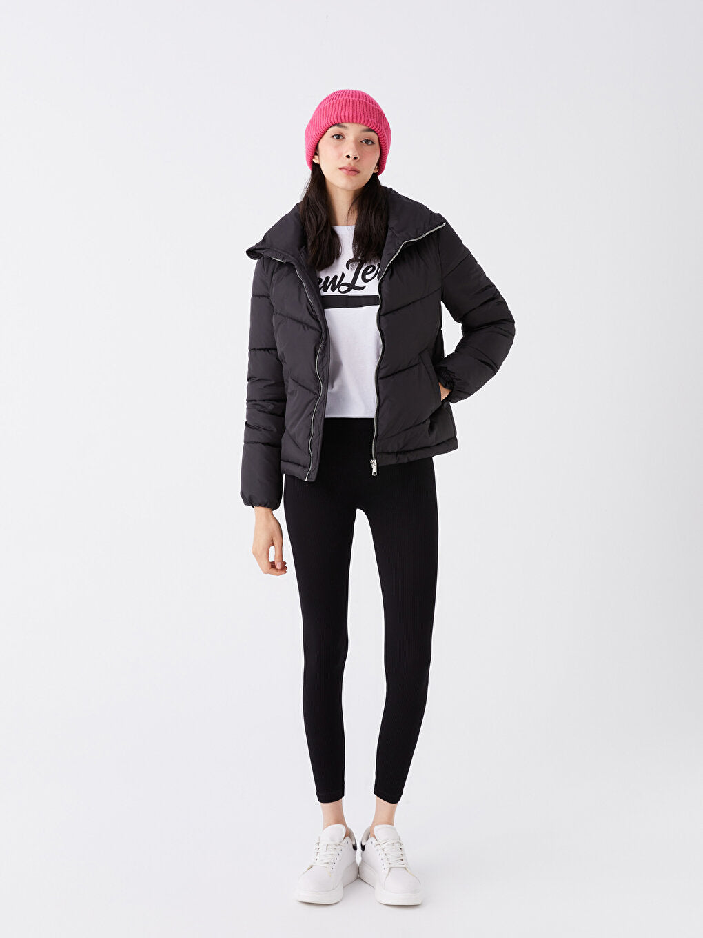 Stand-up Collar Plain Long Sleeve Women's Puffer Coat