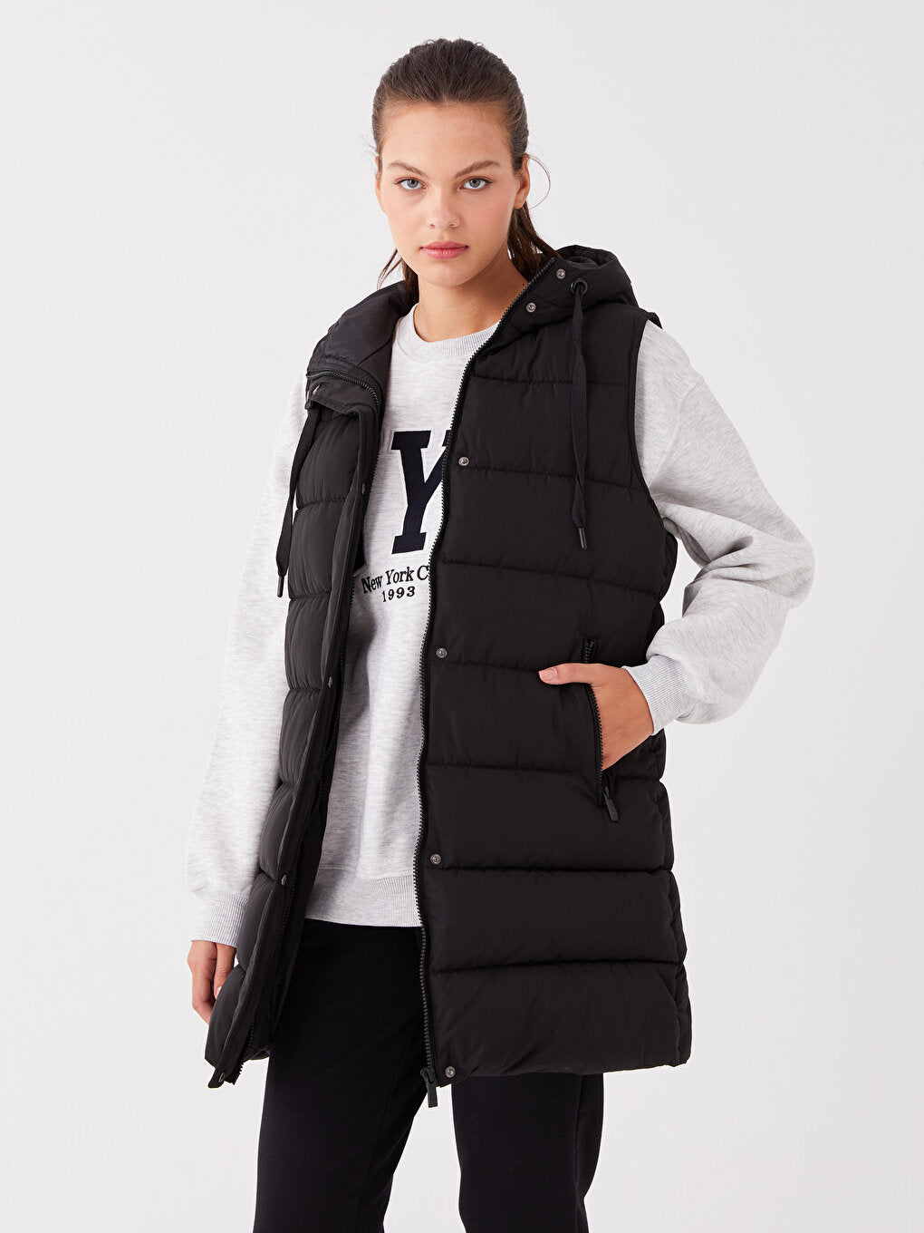 Hooded Women's Puffer Vest with Flat Pocket Detail