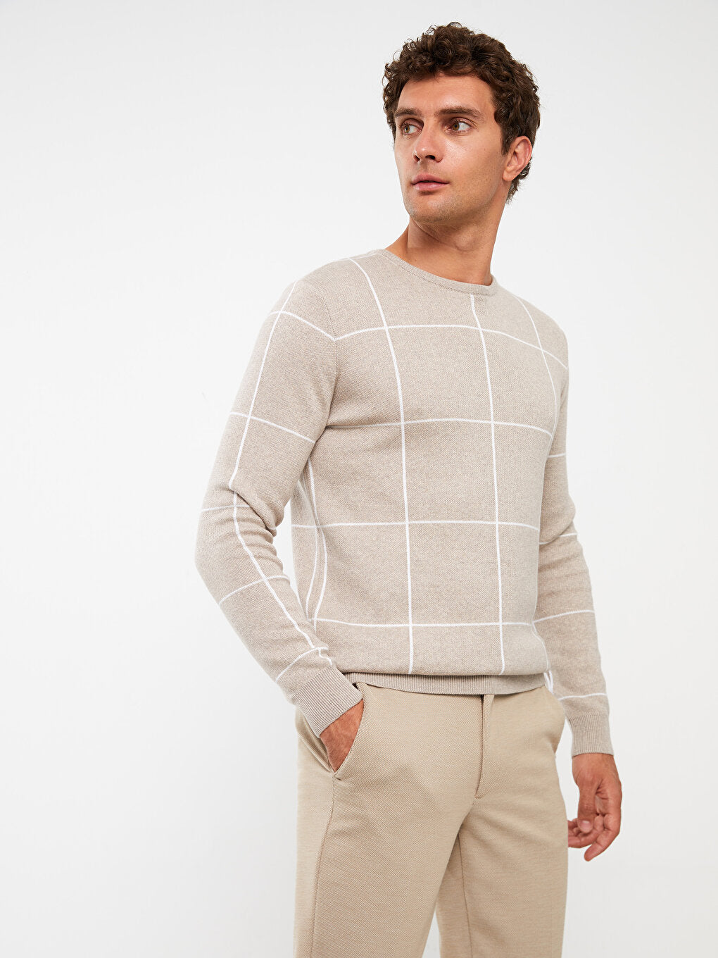 Crew Neck Long Sleeve Plaid Men's Knitwear Sweater