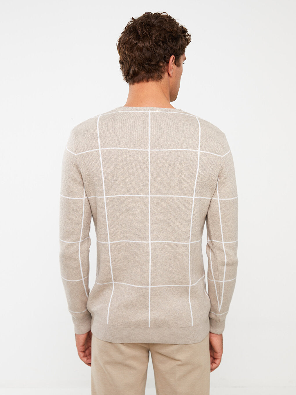 Crew Neck Long Sleeve Plaid Men's Knitwear Sweater