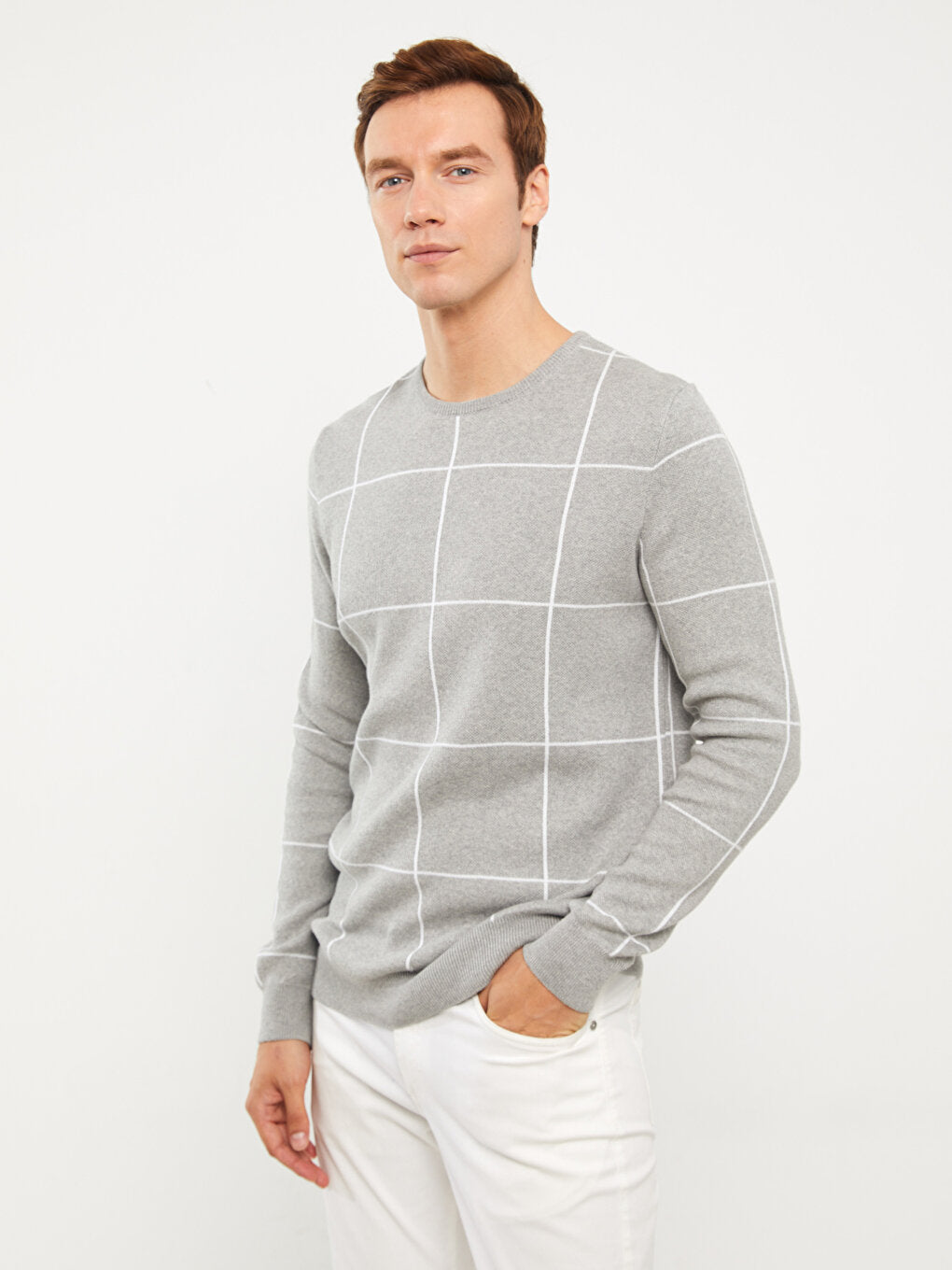 Crew Neck Long Sleeve Plaid Men's Knitwear Sweater