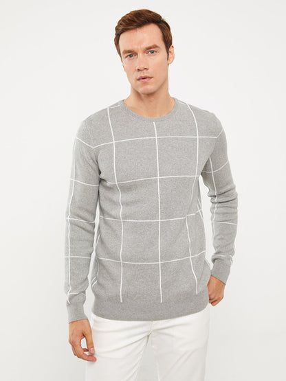 Crew Neck Long Sleeve Plaid Men's Knitwear Sweater