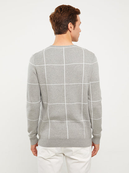 Crew Neck Long Sleeve Plaid Men's Knitwear Sweater