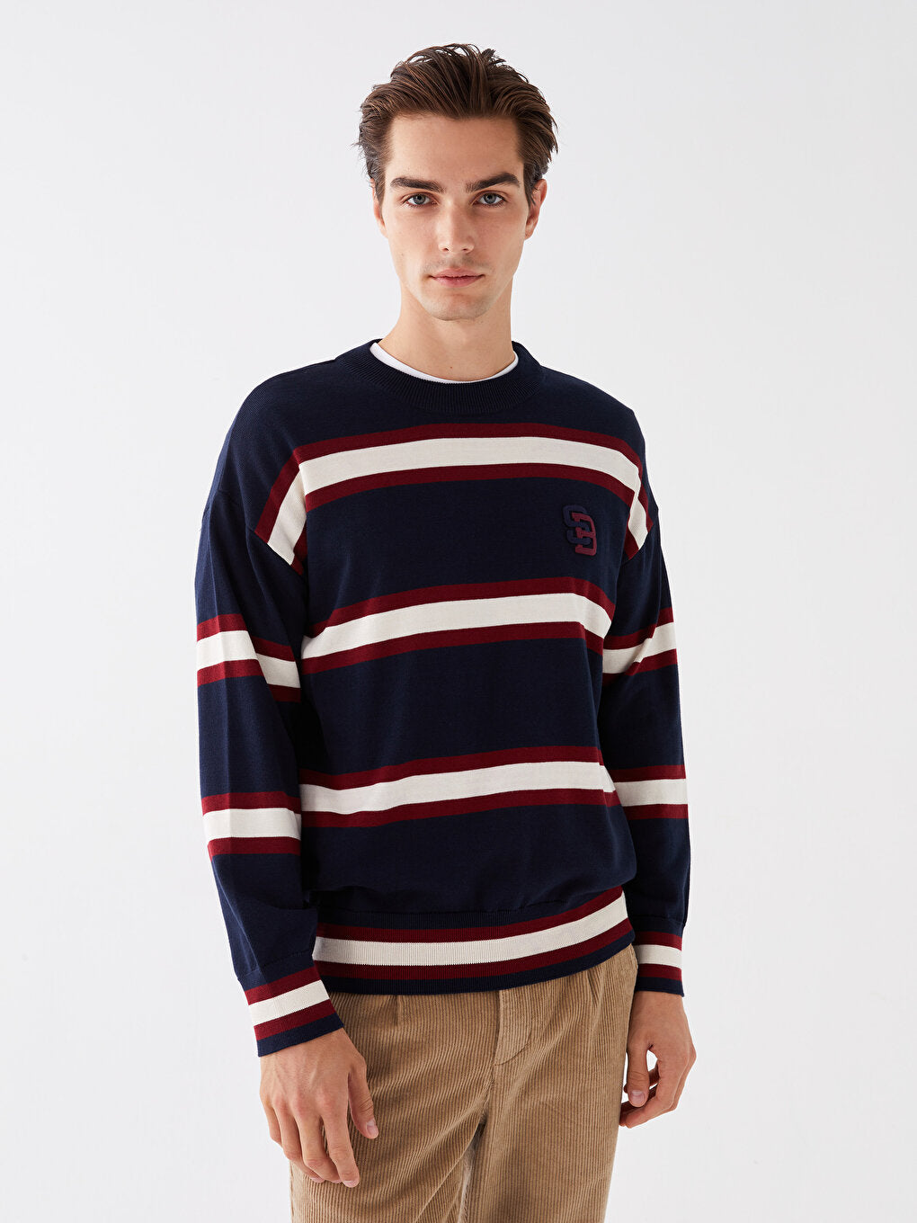 Crew Neck Long Sleeve Striped Men's Knitwear Sweater