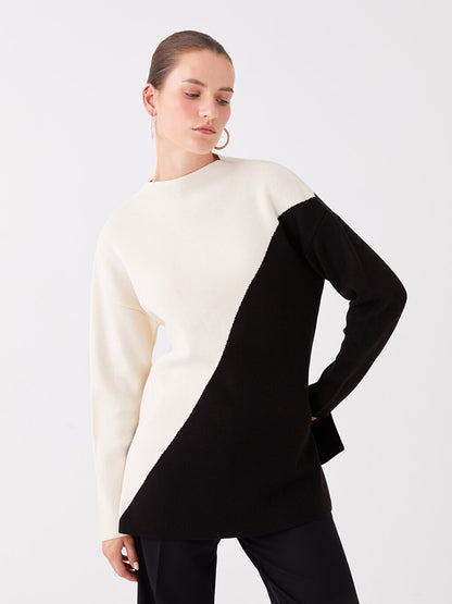 Half Turtleneck Color Blocked Long Sleeve Oversize Women's Knitwear Tunic