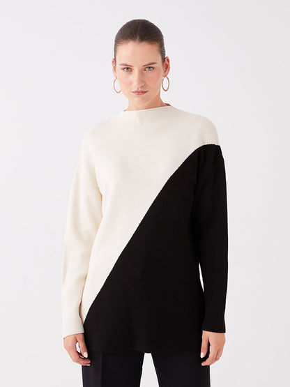 Half Turtleneck Color Blocked Long Sleeve Oversize Women's Knitwear Tunic