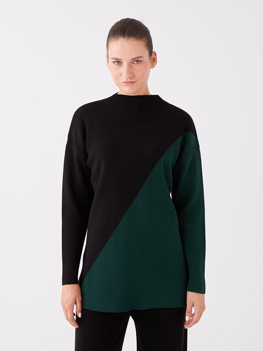 Half Turtleneck Color Blocked Long Sleeve Oversize Women's Knitwear Tunic