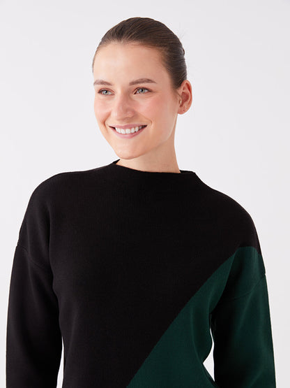 Half Turtleneck Color Blocked Long Sleeve Oversize Women's Knitwear Tunic