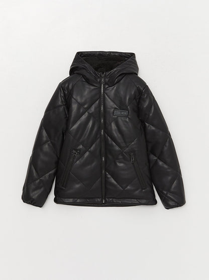 Hooded Plain Leather Look Boys' Coat