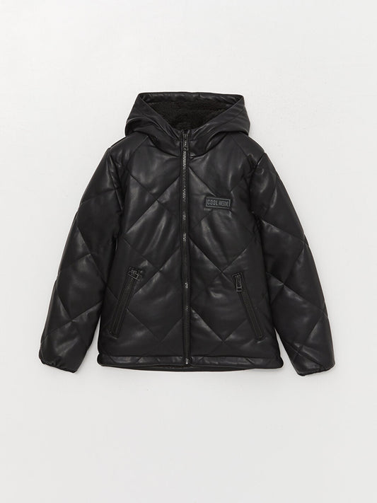 Hooded Plain Leather Look Boys' Coat