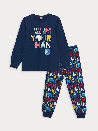 Crew Neck Printed Long Sleeve Boys' Pajama Set