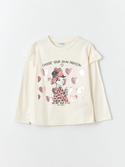 Crew Neck Printed Long Sleeve Girls' T-Shirt