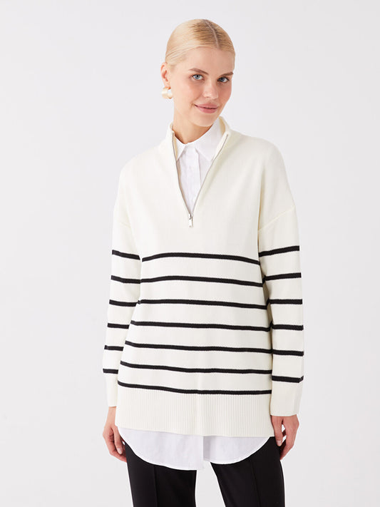 Half Turtleneck Striped Long Sleeve Women's Knitwear Tunic