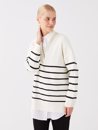 Half Turtleneck Striped Long Sleeve Women's Knitwear Tunic