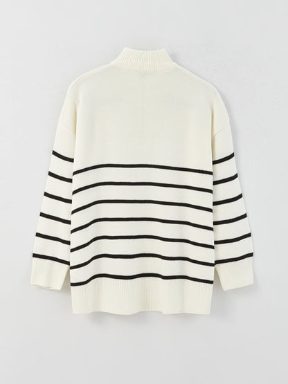 Half Turtleneck Striped Long Sleeve Women's Knitwear Tunic