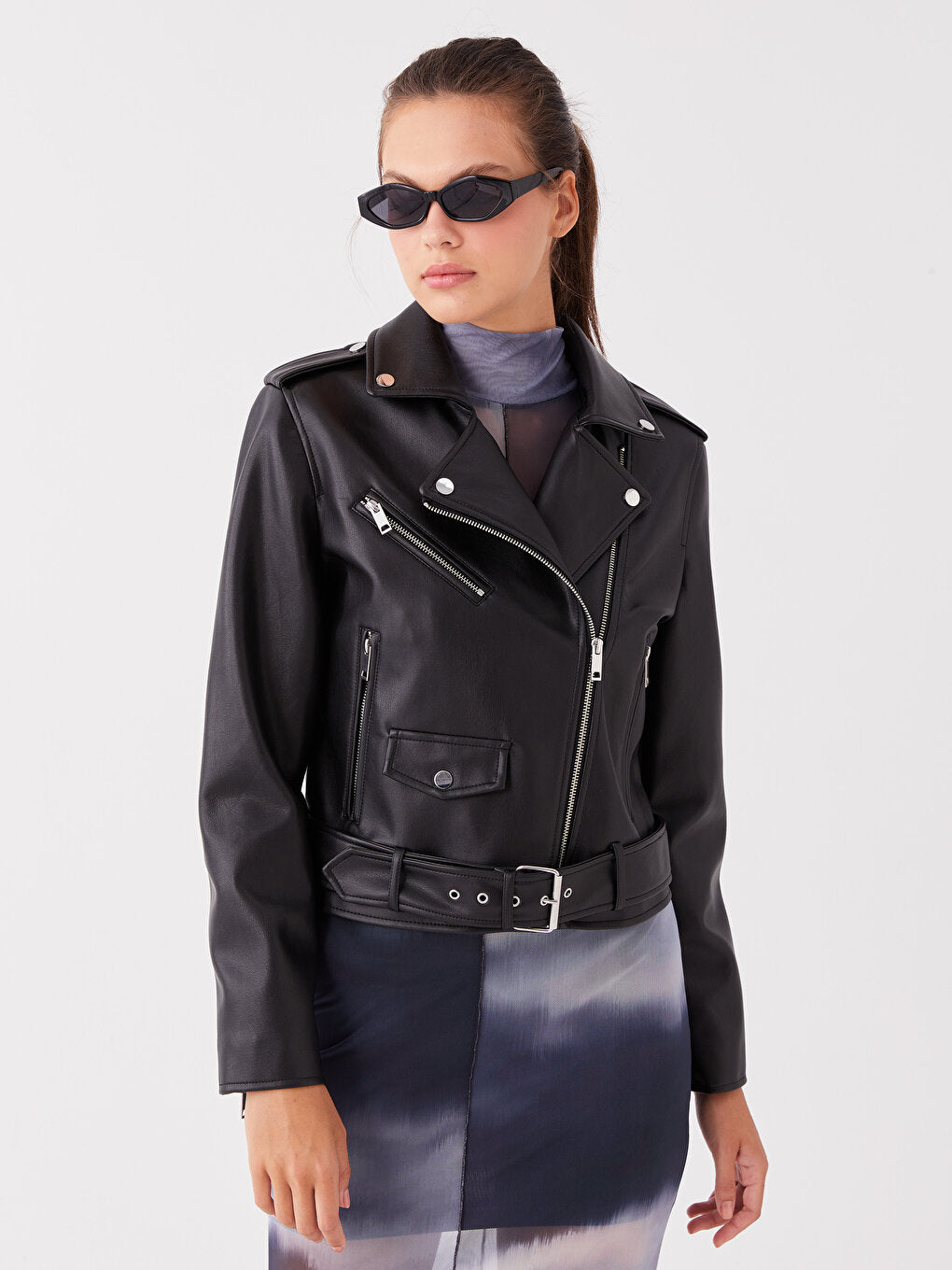 Women's Biker Collar Plain Leather Look Coat