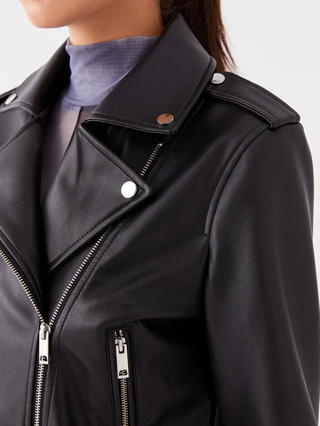 Women's Biker Collar Plain Leather Look Coat