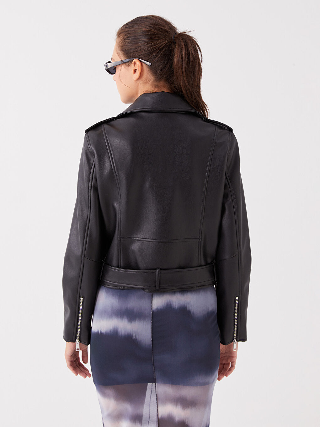 Women's Biker Collar Plain Leather Look Coat