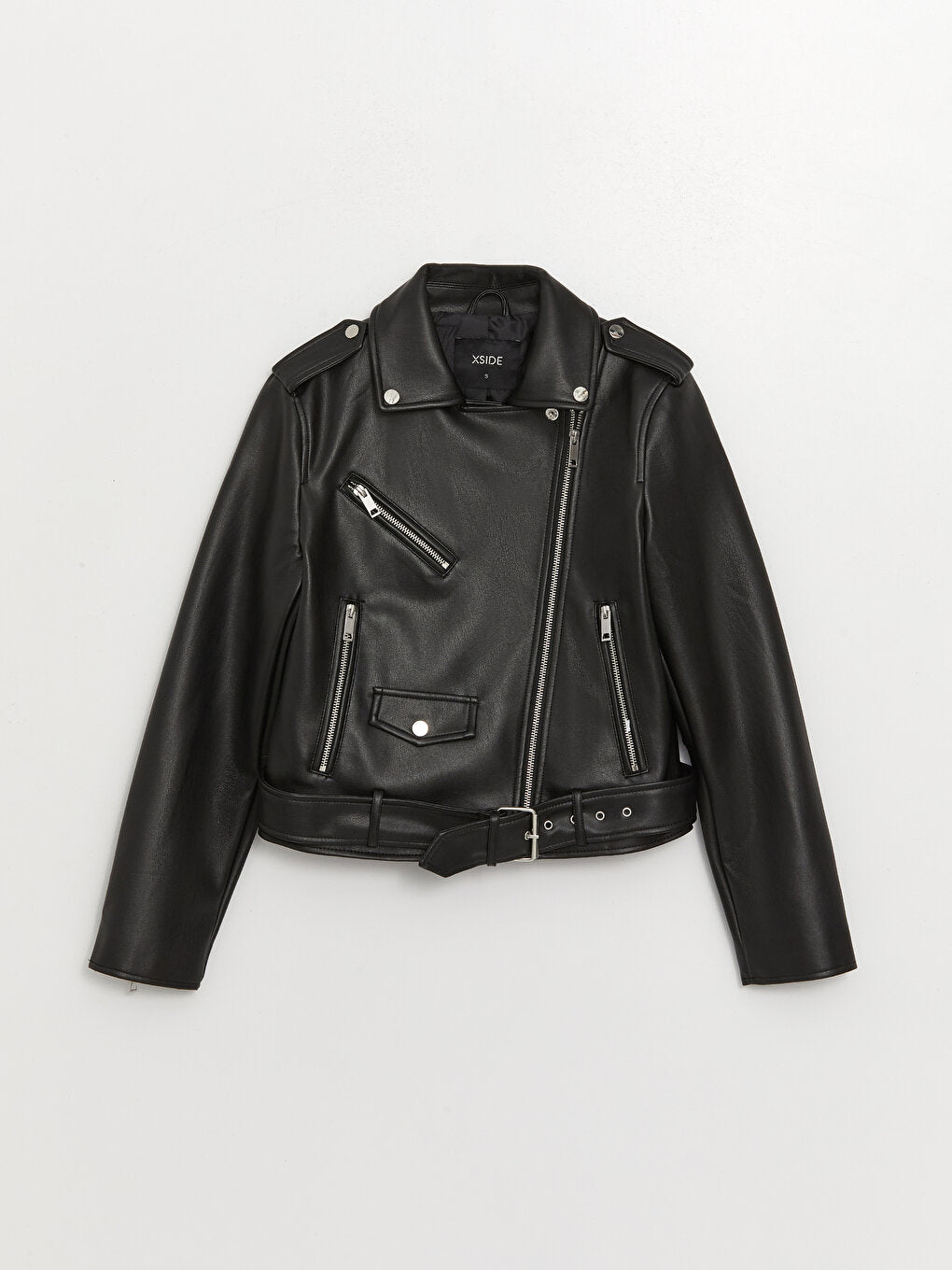 Women's Biker Collar Plain Leather Look Coat