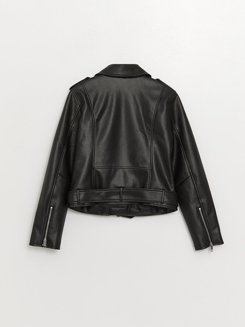 Women's Biker Collar Plain Leather Look Coat