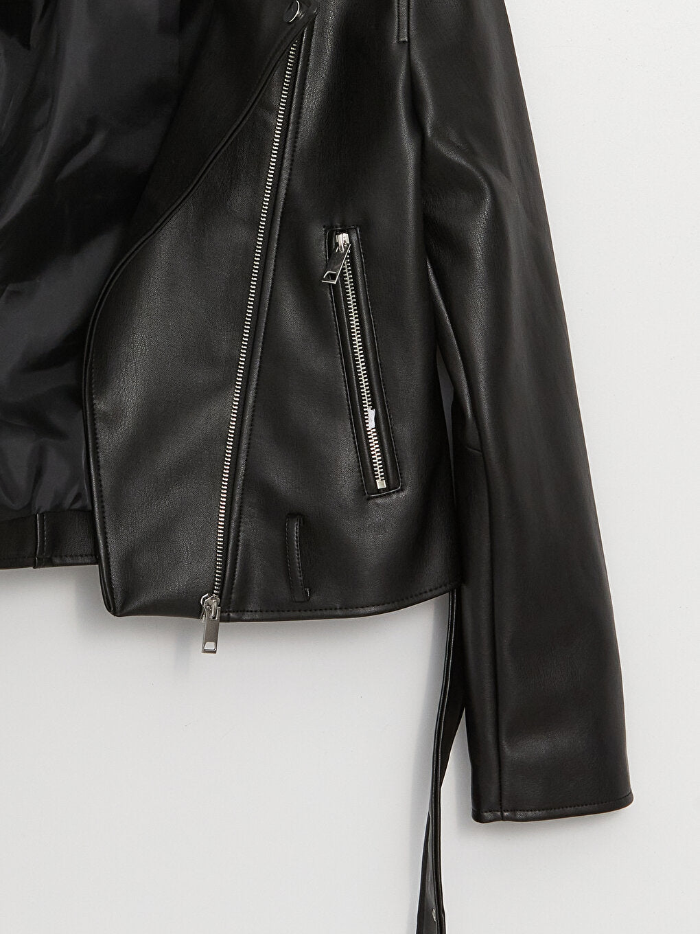 Women's Biker Collar Plain Leather Look Coat