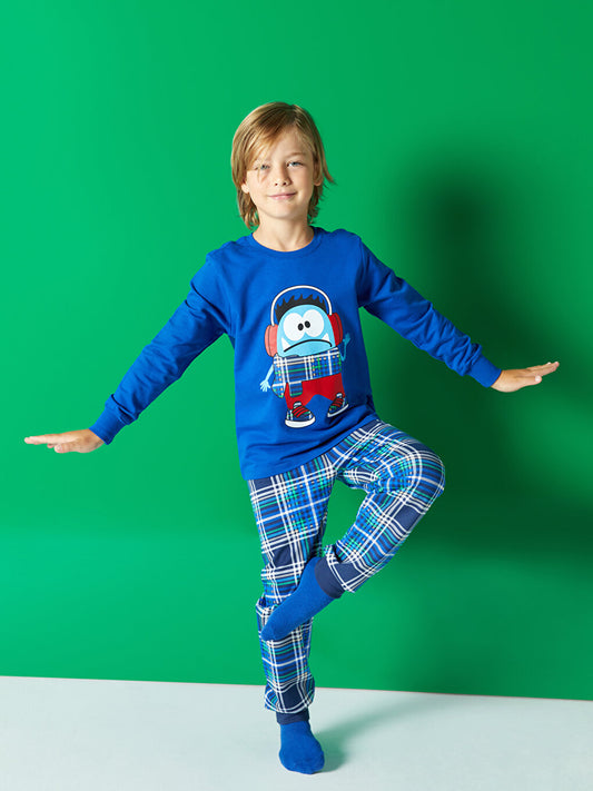 Crew Neck Printed Long Sleeve Boys' Pajama Set