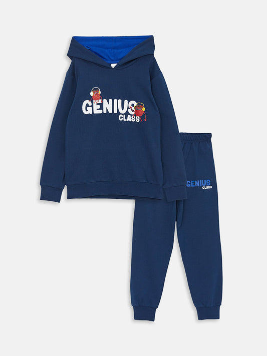 Hooded Printed Long Sleeve Boys Pajama Set