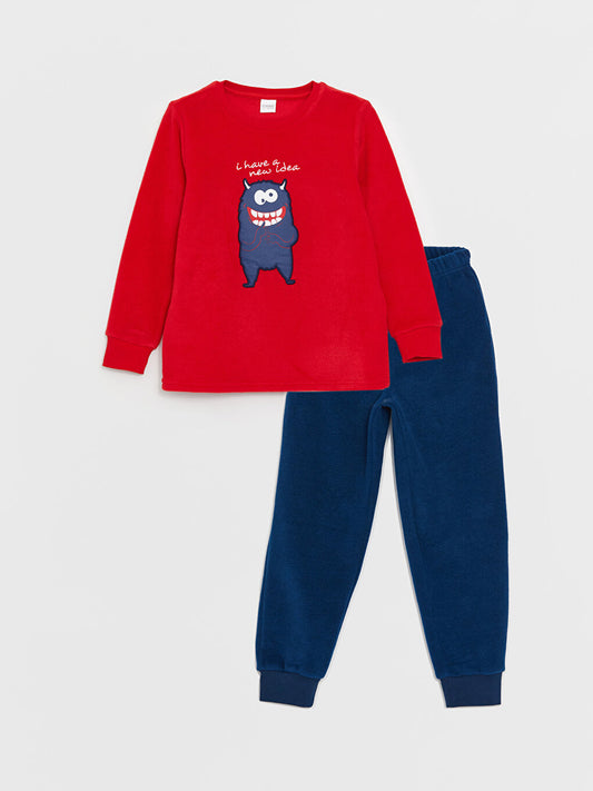 Crew Neck Embroidered Long Sleeve Boys' Pajama Set