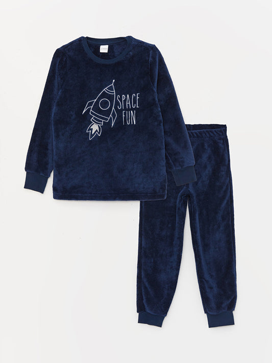 Crew Neck Embroidered Long Sleeve Plush Boy's Pajama Set