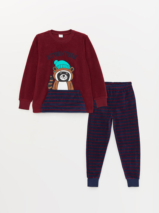 Crew Neck Printed Long Sleeve Fleece Boys' Pajama Set