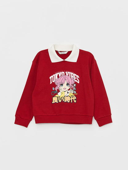 Shirt Collar Printed Long Sleeve Girl's Sweatshirt