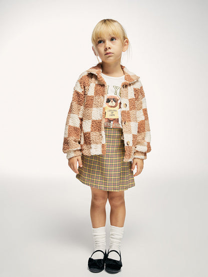 Shirt Collar Checked Plush Girl's Jacket