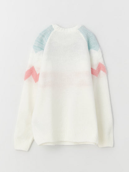 Crew Neck Color Blocked Long Sleeve Girl's Knitwear Sweater