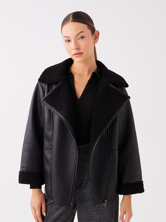 Women's Biker Collar Plain Leather Look Coat