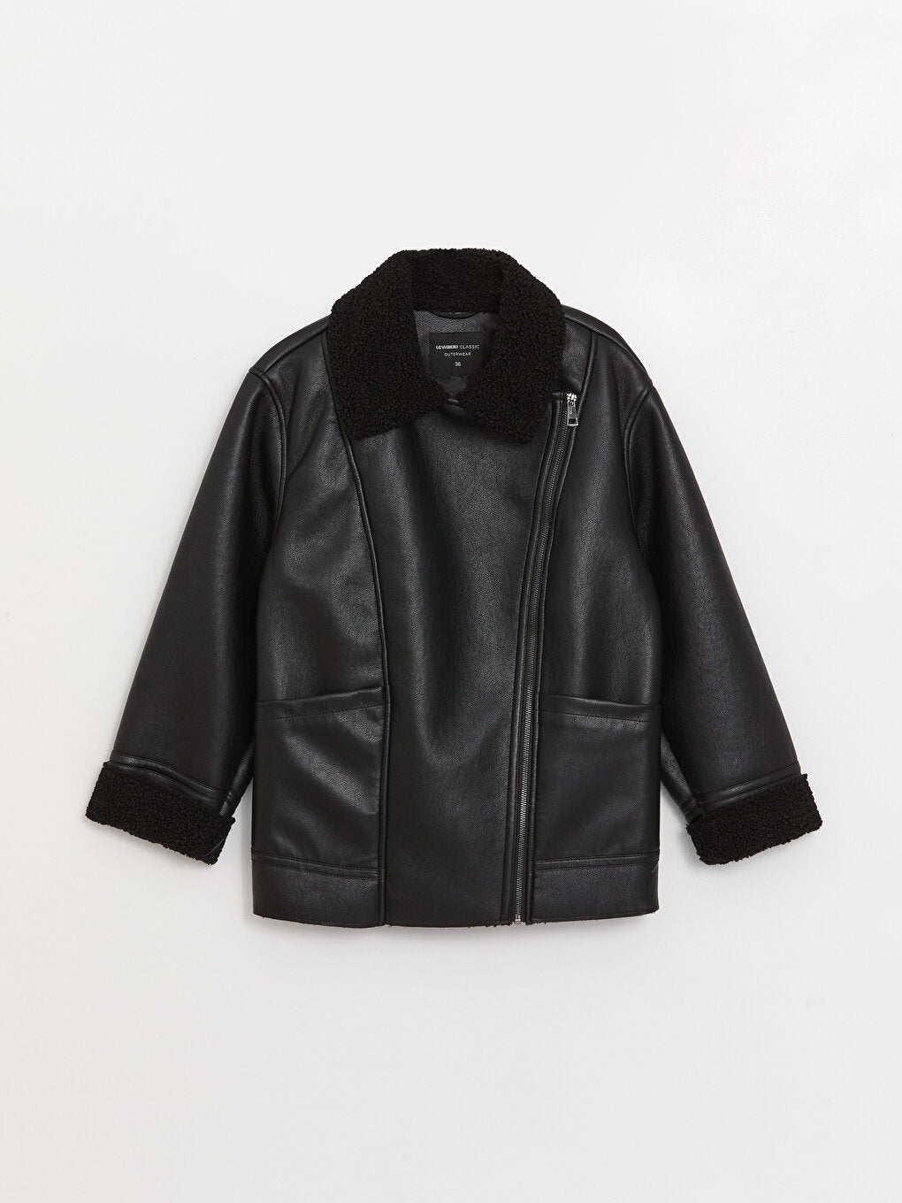 Women's Biker Collar Plain Leather Look Coat