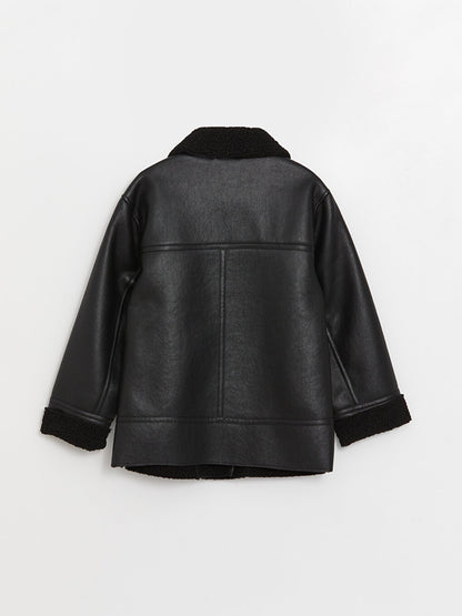 Women's Biker Collar Plain Leather Look Coat