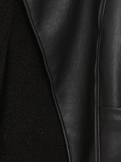 Women's Biker Collar Plain Leather Look Coat