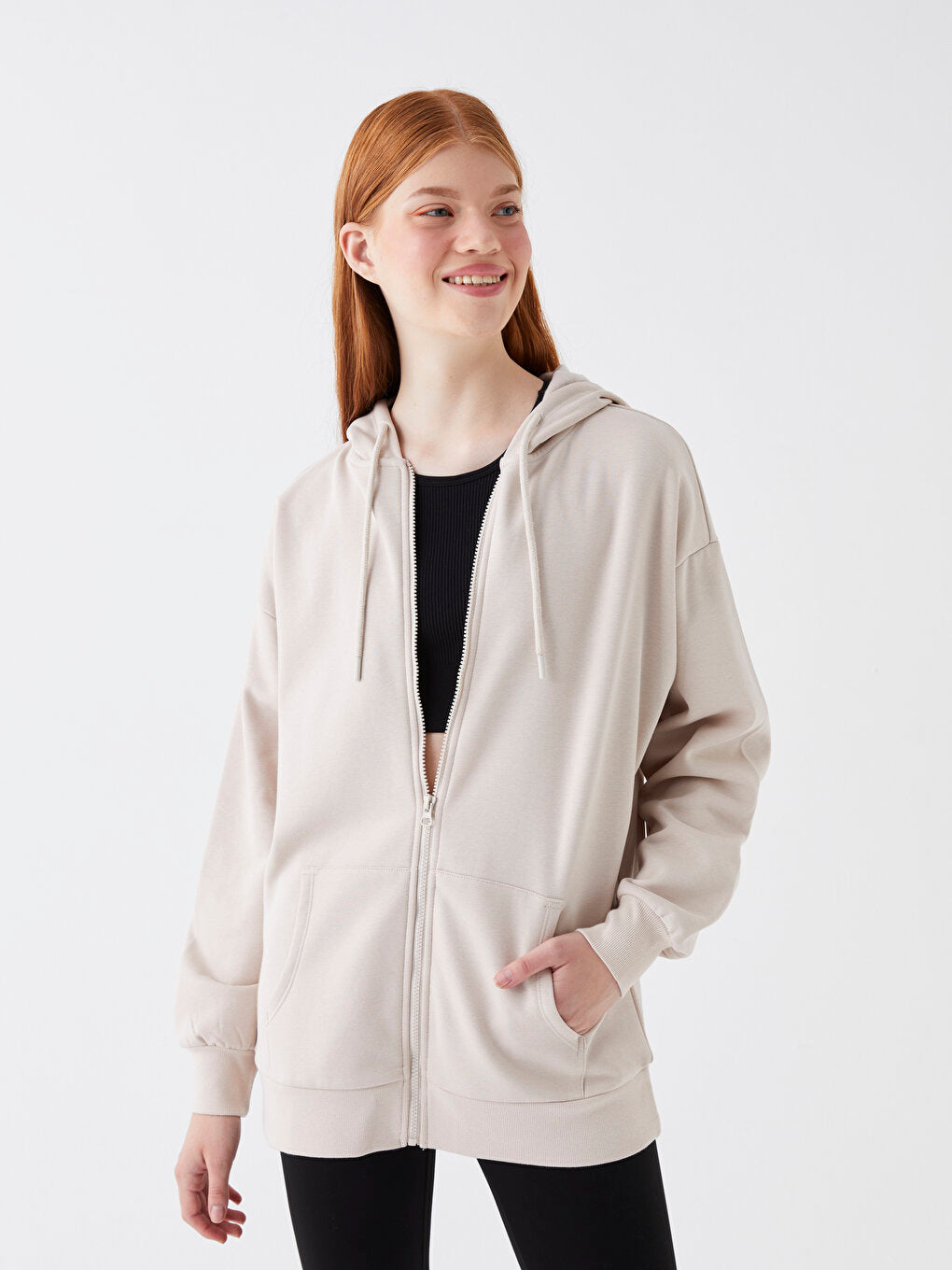 Hooded Plain Long Sleeve Oversize Women's Sport Cardigan