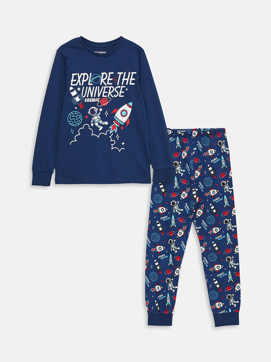 Crew Neck Printed Long Sleeve Boys' Pajama Set