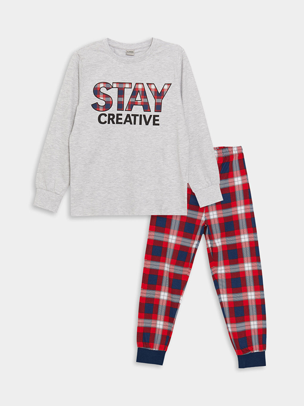 Crew Neck Plaid Long Sleeve Boys Pajama Set