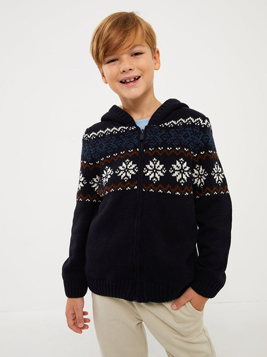 Hooded Patterned Long Sleeve Boy's Knitwear Cardigan