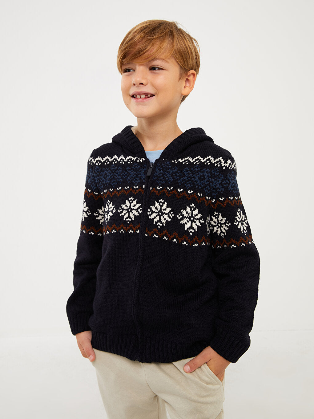 Hooded Patterned Long Sleeve Boy's Knitwear Cardigan