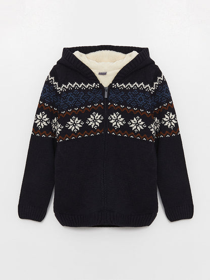 Hooded Patterned Long Sleeve Boy's Knitwear Cardigan