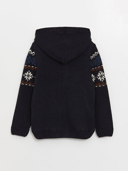 Hooded Patterned Long Sleeve Boy's Knitwear Cardigan