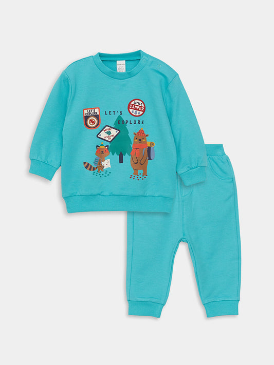 Crew Neck Long Printed Baby Boy Sweatshirt and Trousers 2-Piece Set