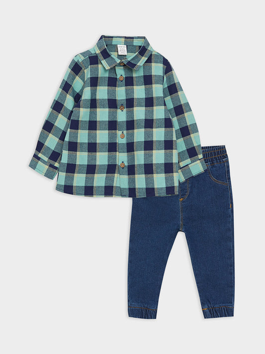 Long Sleeve Plaid Patterned Baby Boy Shirt and Jean Trousers 2-Piece Set