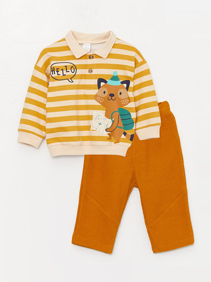 Shirt Collar Long Sleeve Printed Baby Boy Sweatshirt and Trousers 2-Piece Set